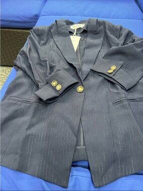 Stylish Navy Pinstripe Blazer with Gold Buttons
